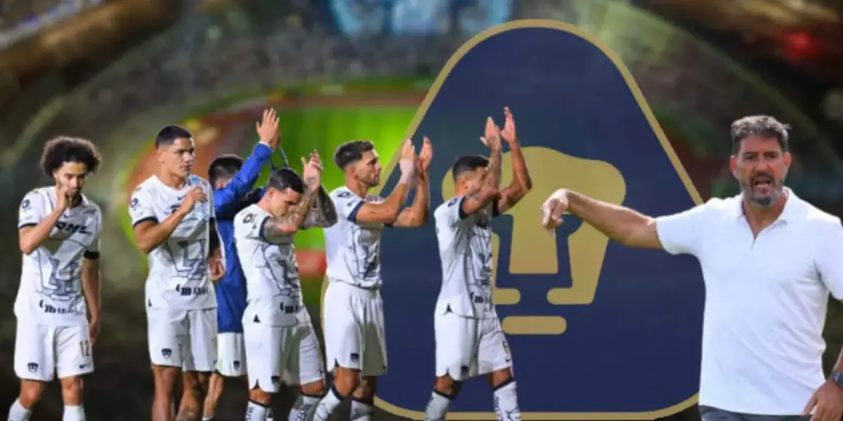 Gustavo Lema con Pumas de fondo el estadio Olímpico y sello de Pumas