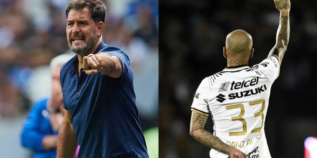 Gustavo Lema dando instrucciones, a la derecha, Dani Alves saluda al himno de Pumas (Fuente: Mexsports y Diez)