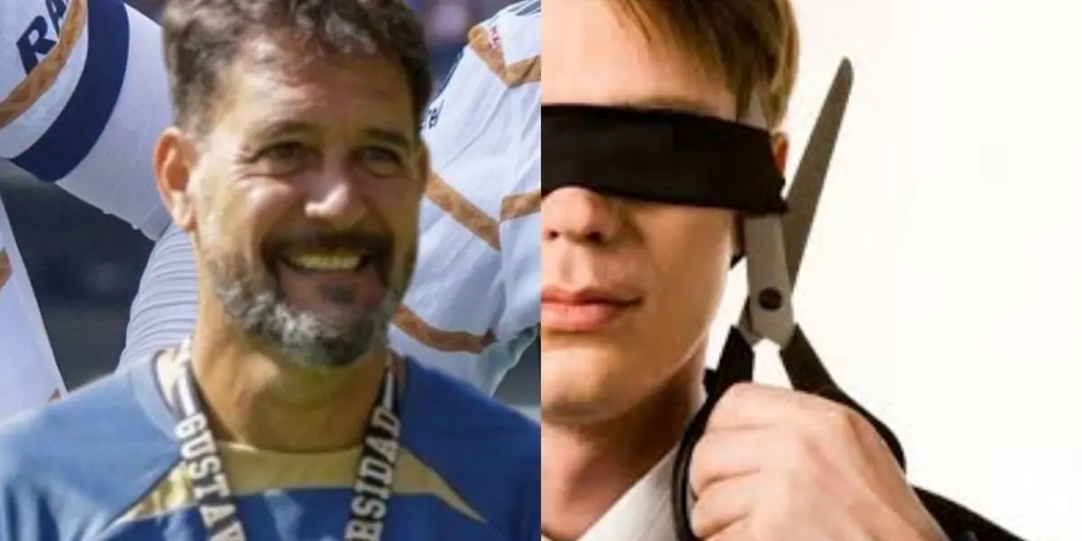 Gustavo Lema dirige un juego con Pumas, a la derecha un hombre se quita la venda (Fuente: Mexsports y Facebook)