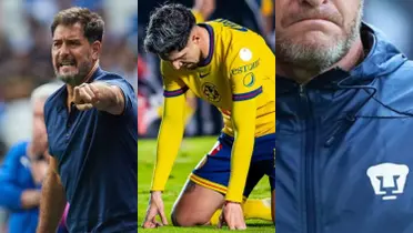 Gustavo Lema dirige un juego, Diego Valdés se lamenta, a la derecha, un DT de Pumas (Fuente: Imago y Mexsports)