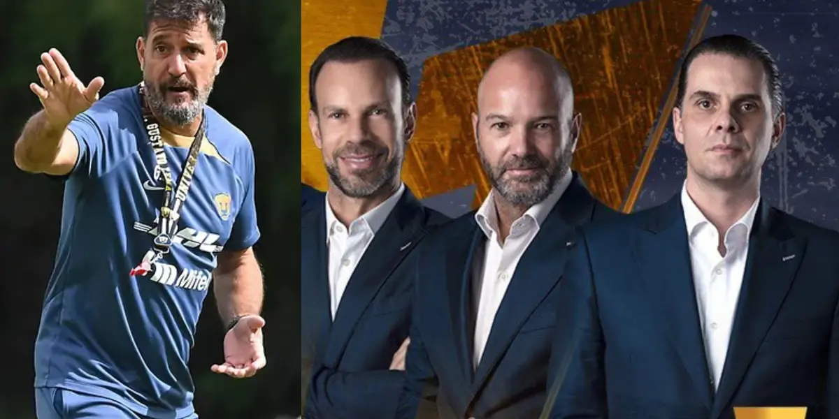 Gustavo Lema dirige una práctica de Pumas, a la derecha, los panelistas de Azteca (Fuente: Pumas y Azteca)
