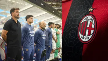 Gustavo Lema en el banquillo de suplentes, a la derecha, el escudo del Milan (Fuente: Mexsports y Detik)