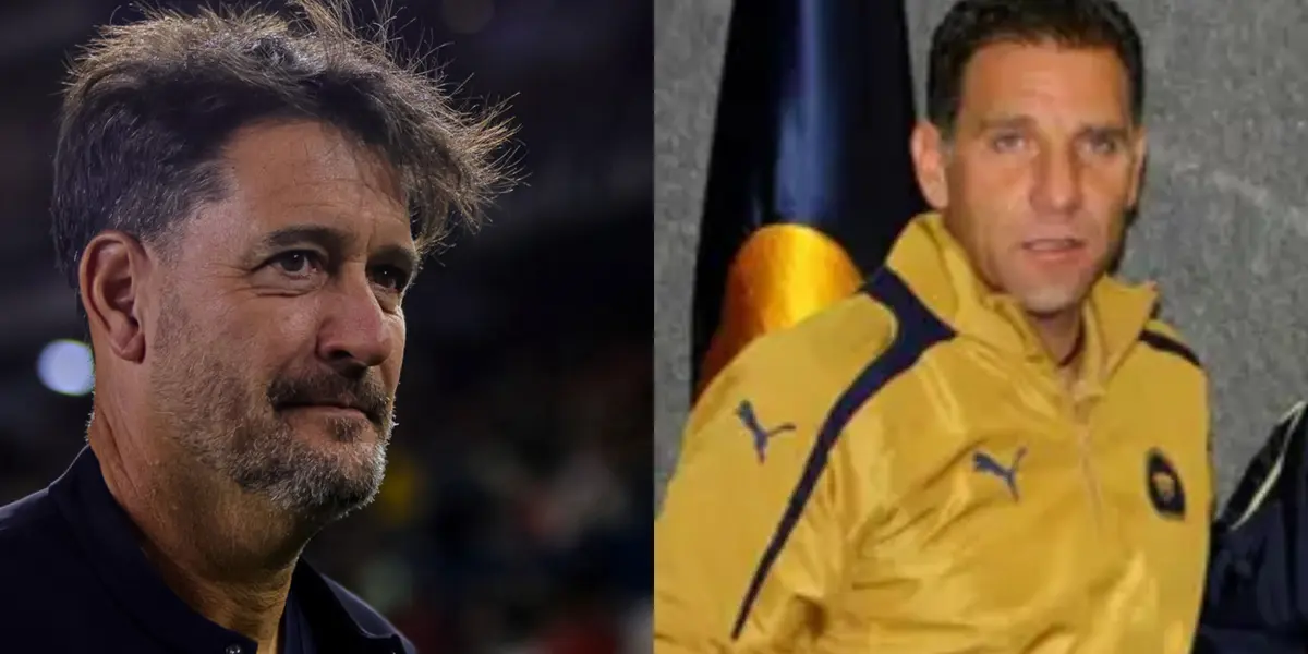 Gustavo Lema mira un partido, a la derecha, Alberto García Aspe presentado en Pumas (Fuente: Mexsports)