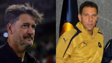 Gustavo Lema mira un partido, a la derecha, Alberto García Aspe presentado en Pumas (Fuente: Mexsports)