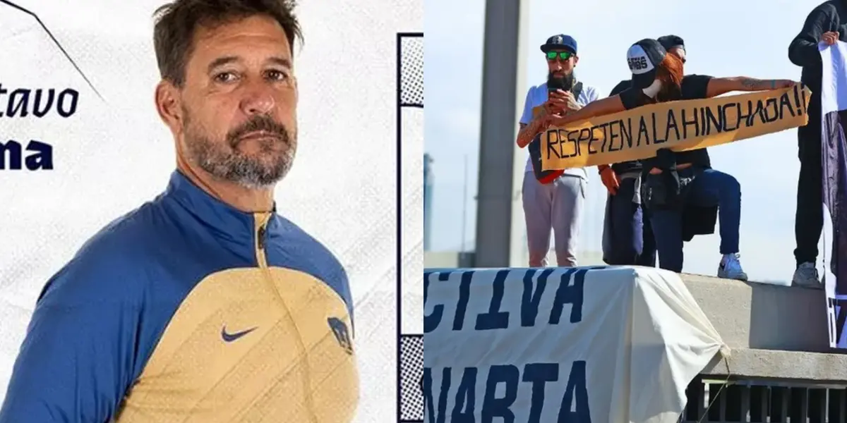 Gustavo Lema presentado, a la derecha, protesta de aficionados de Pumas (Fuente: Pumas y Milenio)