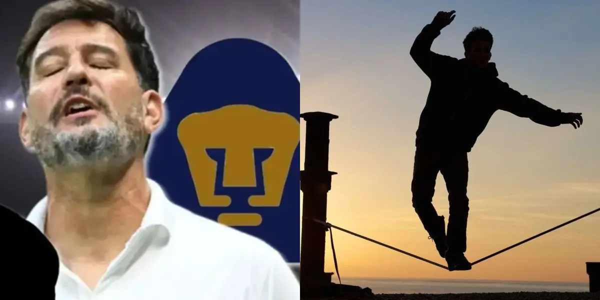 Gustavo Lema se lamenta ante una falla, a la derecha, un hombre camina en una cuerda (Fuente: Mexsports y Plaza Abierta)