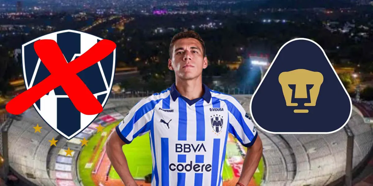 Héctor Moreno con la playera de Rayados, estadio de C.U. y escudo de Rayados y Pumas