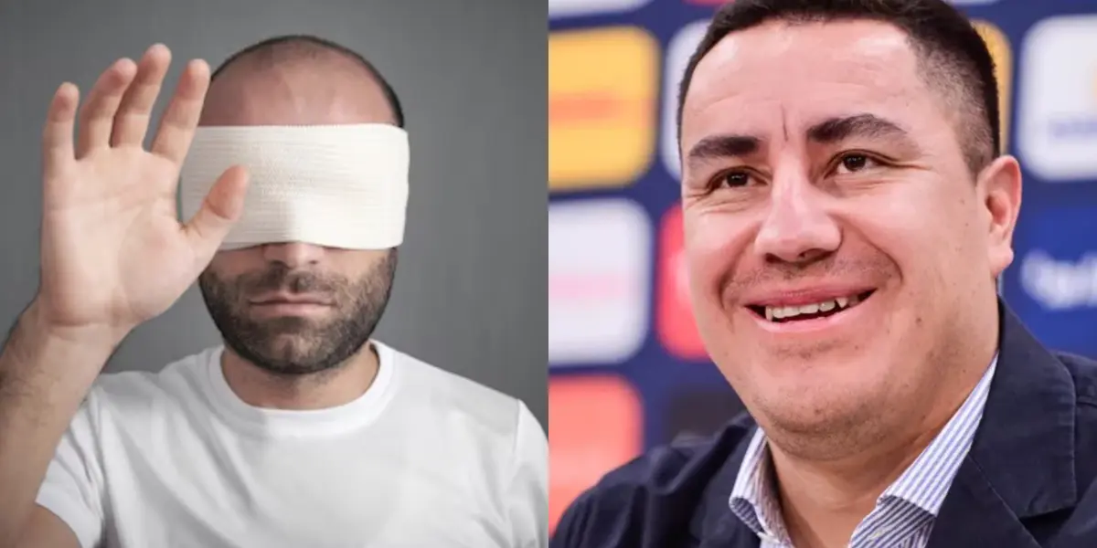 Hombre con una venda en los ojos, a la derecha, Efraín Juárez sonríe (Fuente: Freepick y Pumas)