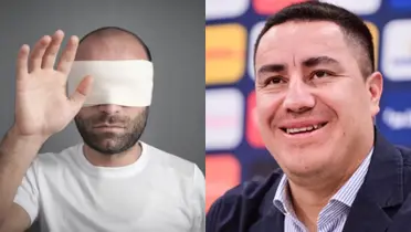 Hombre con una venda en los ojos, a la derecha, Efraín Juárez sonríe (Fuente: Freepick y Pumas)