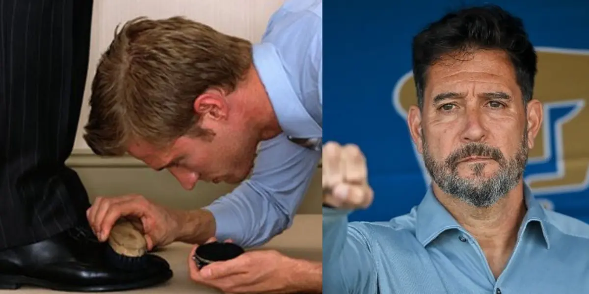 Hombre lustra los zapatos a otro, a la derecha, Gustavo Lema (Fuente: Chilango y Mexsports)