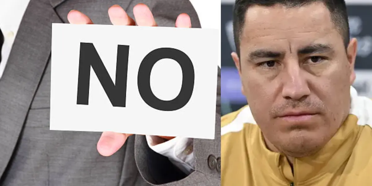 Hombre sujeta cartel de NO, a la derecha, Efraín Juárez en conferencia (Fuente: I Stock y Concacaf)