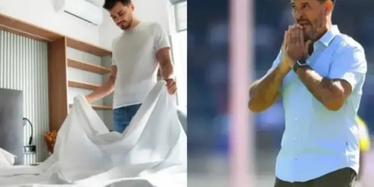 Hombre tiende la cama, a la derecha, Gustavo Lema dirige juego de Pumas (Fuente: Chaide y Mexsports)