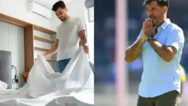 Hombre tiende la cama, a la derecha, Gustavo Lema dirige juego de Pumas (Fuente: Chaide y Mexsports)