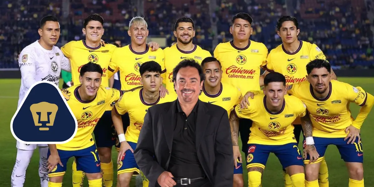 Hugo con jugadores de América y escudo de Pumas/FOTO: ESPN