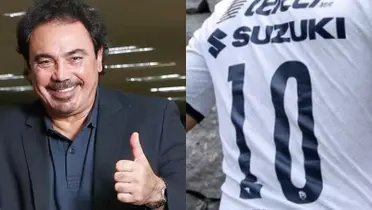 Hugo Sánchez dando el pulgar arriba, a la derecha, un 10 de Pumas (Fuente: Marca y Pumas)