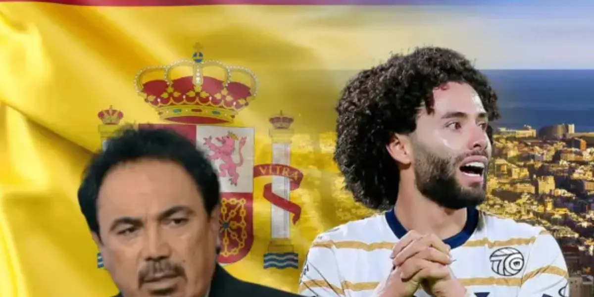 Hugo Sánchez y César Huerta, con el fondo de la bandera de España (Fuente: Nación Fútbol)