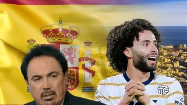 Hugo Sánchez y César Huerta, con el fondo de la bandera de España (Fuente: Nación Fútbol)