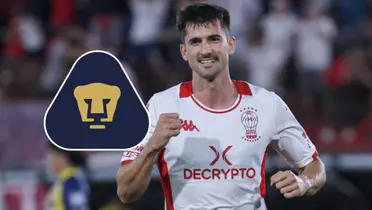 Ignacio Pussetto con Huracán y escudo de Pumas
