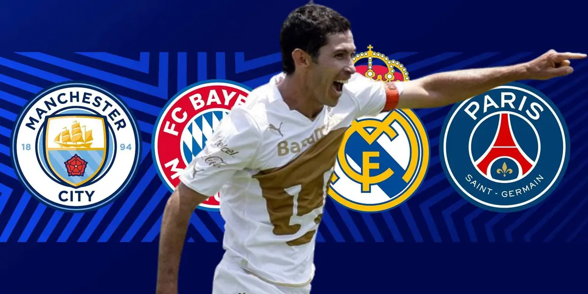 Israel Castro con escudos de Manchester City, Bayern Munich, Real Madrid y PSG