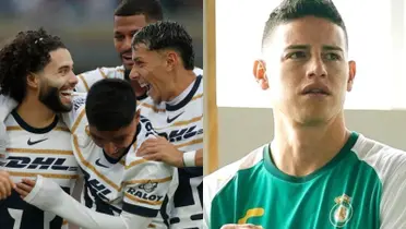James Rodríguez molesto, la derecha, jugadores de Pumas festejan (Fuente: Mexsports y León)