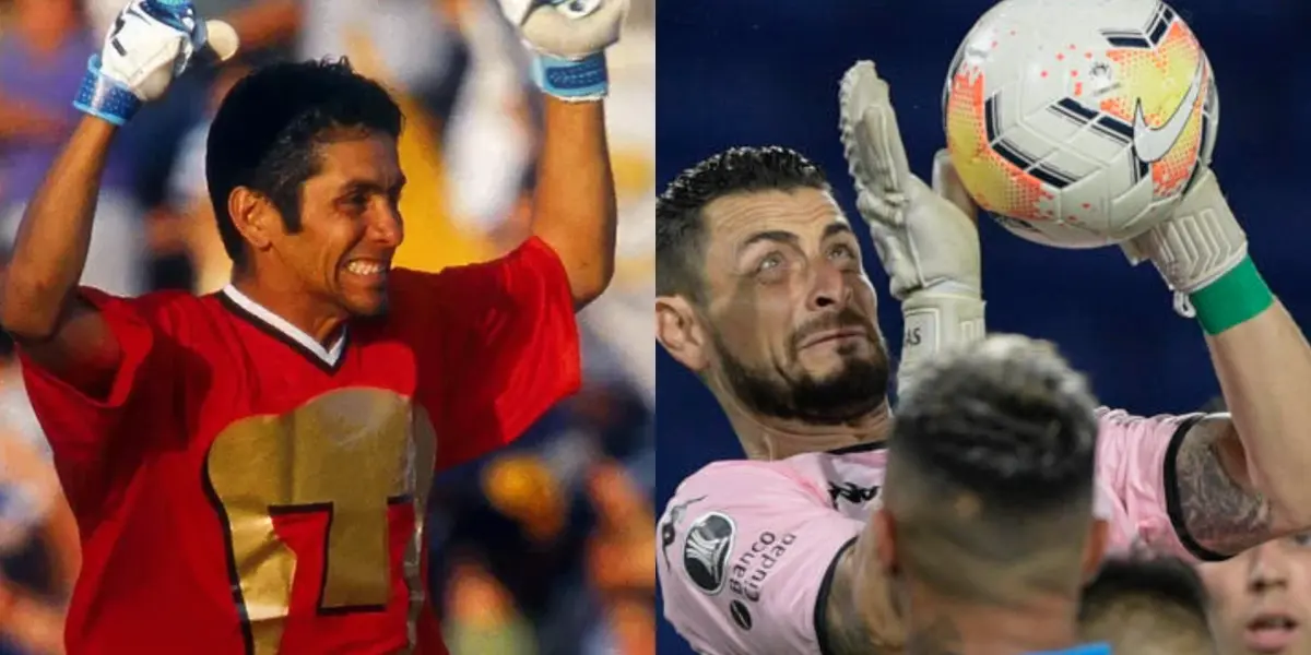 Jorge Campos ataja con Pumas, a la derecha, portero corta centro (Fuente: Mexsports y T Y C)