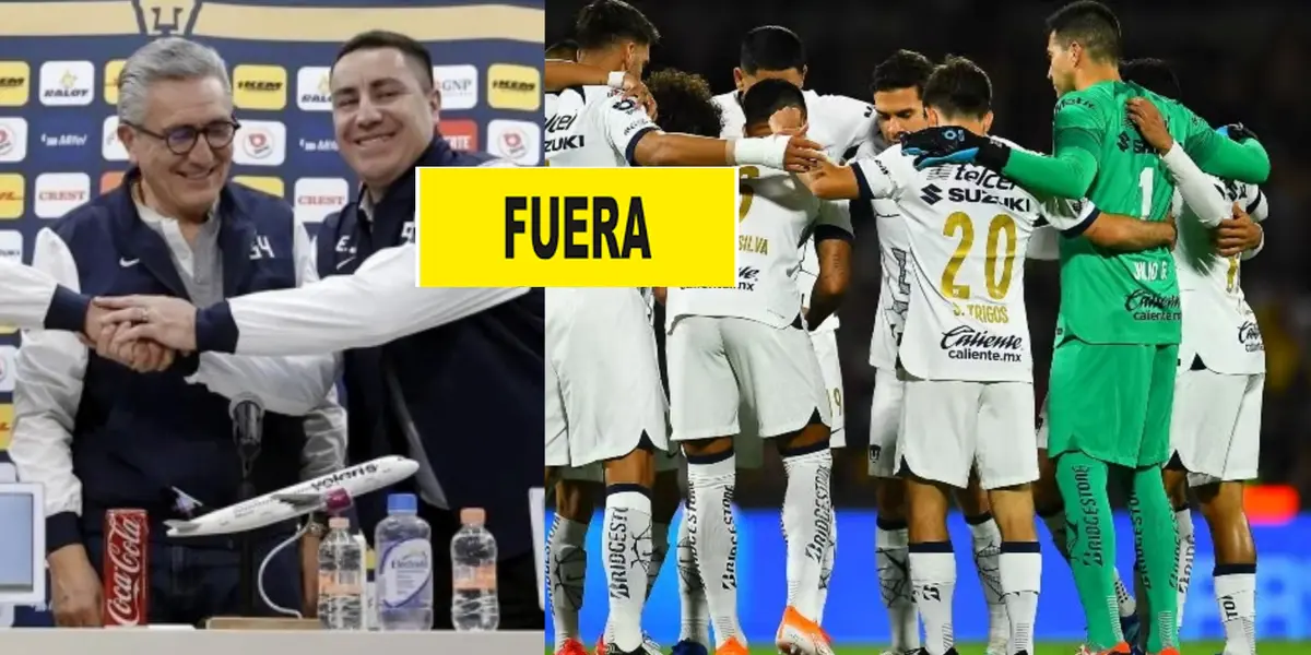 Juárez presentado en Pumas, a la derecha, plantel de Pumas en el campo (Fuente. Pumas y Mexsports)