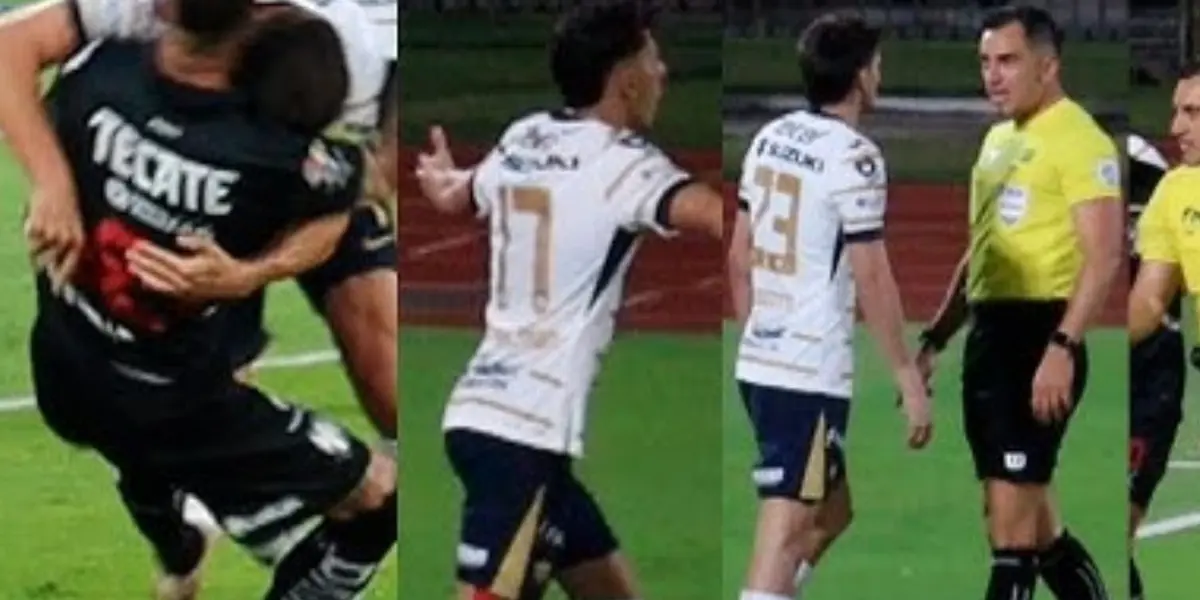 Jugada en la que Ramos agarra a Magallán, a la derecha, protesta a los árbitros (Fuente: Análisis Puma)