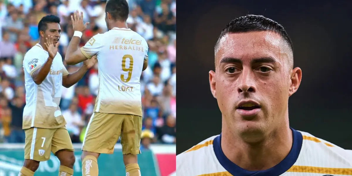 Jugador 9 de Pumas celebra gol, a la izquierda, Funes Mori en el protocolo de Liga MX (Fuente: Mexsports)