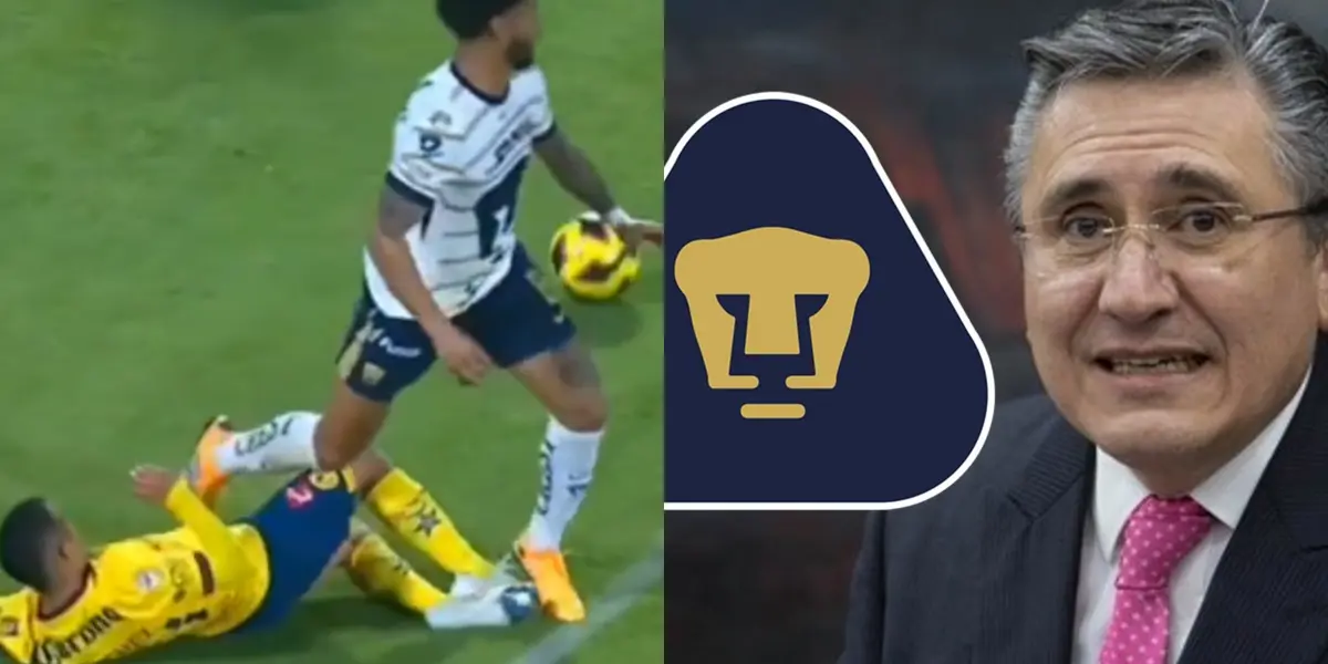 Jugador de Pumas pelea una pelota contra un jugador del América (Fuente: Mexsports y TUDN)