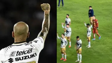 Jugador de Pumas saluda el himno de Universidad, a la derecha, los jugadores de Pumas saliendo del juego ante Pachuca (Fuente: Diez y Tío Auriazul)