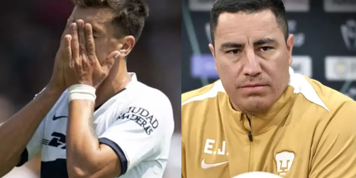 Jugador de Pumas se lamenta, a la derecha, Efraín Juárez en conferencia de prensa (Fuente: Mexsports y Concacaf)