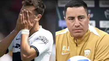 Jugador de Pumas se lamenta, a la derecha, Efraín Juárez en conferencia de prensa (Fuente: Mexsports y Concacaf)