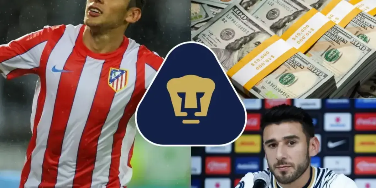 Jugador del Atlético celebra, a la derecha, dinero y jugador de Pumas en conferencia (Fuente: Especial Marca)