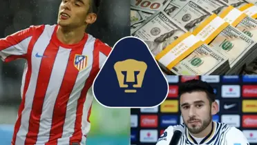 Jugador del Atlético celebra, a la derecha, dinero y jugador de Pumas en conferencia (Fuente: Especial Marca)