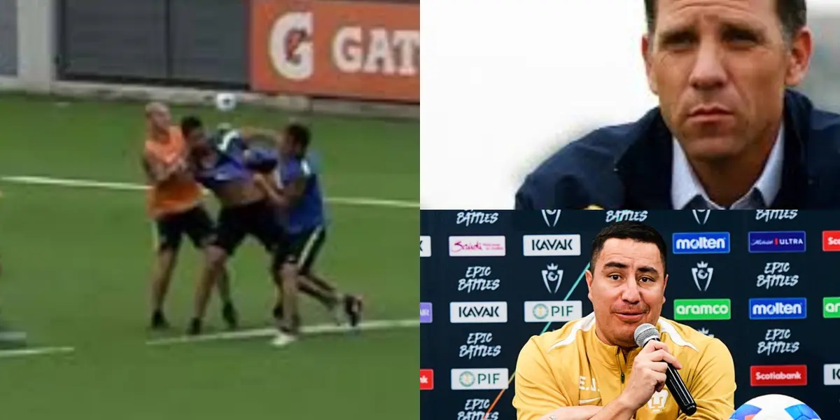 Jugadores de Boca se van a los golpes, a la derecha, Lema y Juárez en conferencia (Fuente: T y C, Concacaf y Pumas)