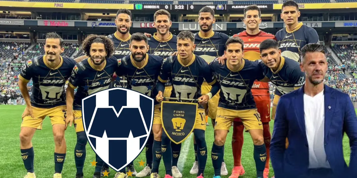 Jugadores de Pumas con Demichelis y escudo de Monterrey/FOTO: JuanFutbol