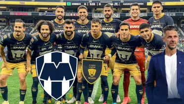 Jugadores de Pumas con Demichelis y escudo de Monterrey/FOTO: JuanFutbol