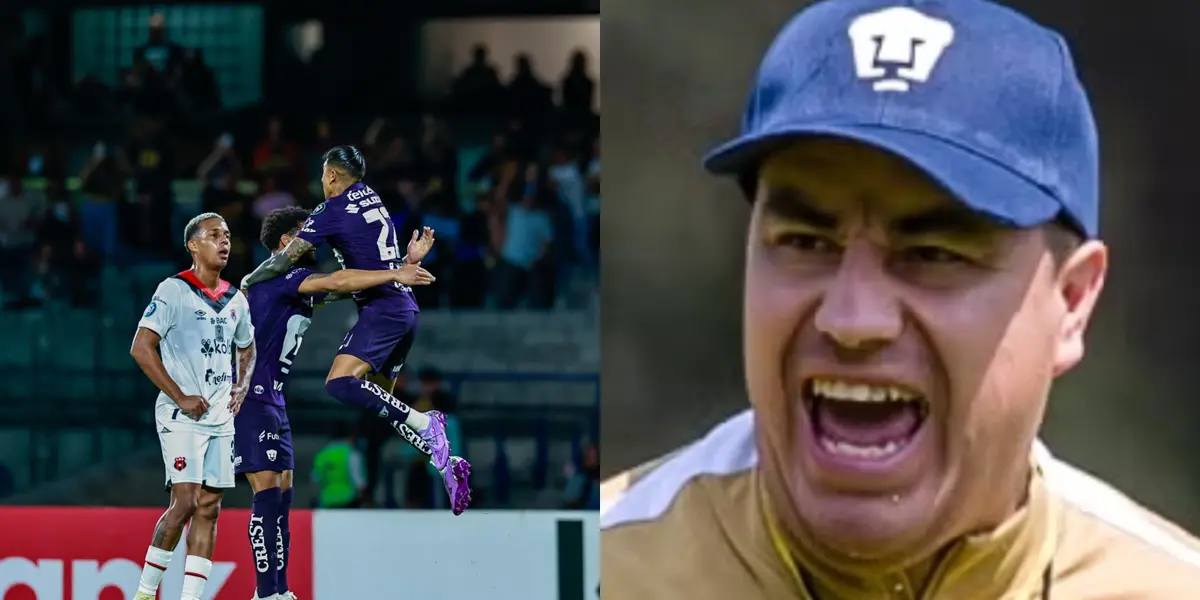 Jugadores de Pumas festejan gol en Concacaf, a la derecha, Juárez (Fuente: Mexsports y Pumas)