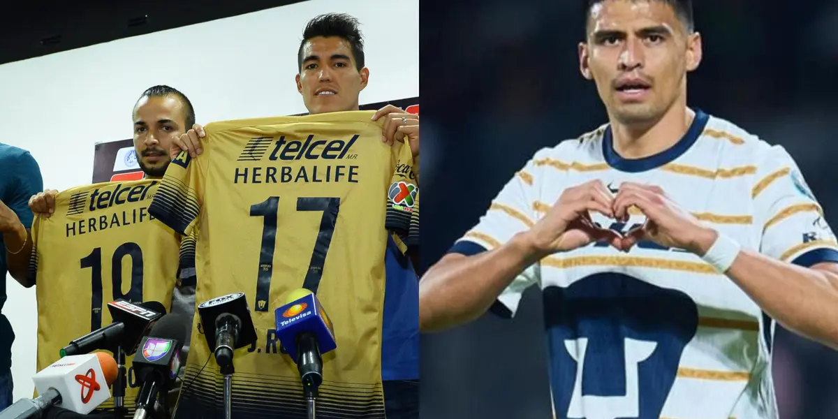 Jugadores de Pumas presentados, a la derecha, el Memote festeja (Fuente: Pumas y Mexsports)