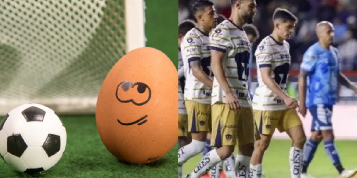 Jugadores de Pumas salen del campo, a la izquierda, un huevo con una pelota de fútbol (Fuente 123REF y Mexsports)