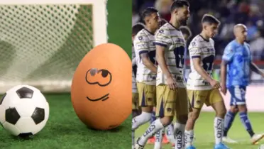 Jugadores de Pumas salen del campo, a la izquierda, un huevo con una pelota de fútbol (Fuente 123REF y Mexsports)