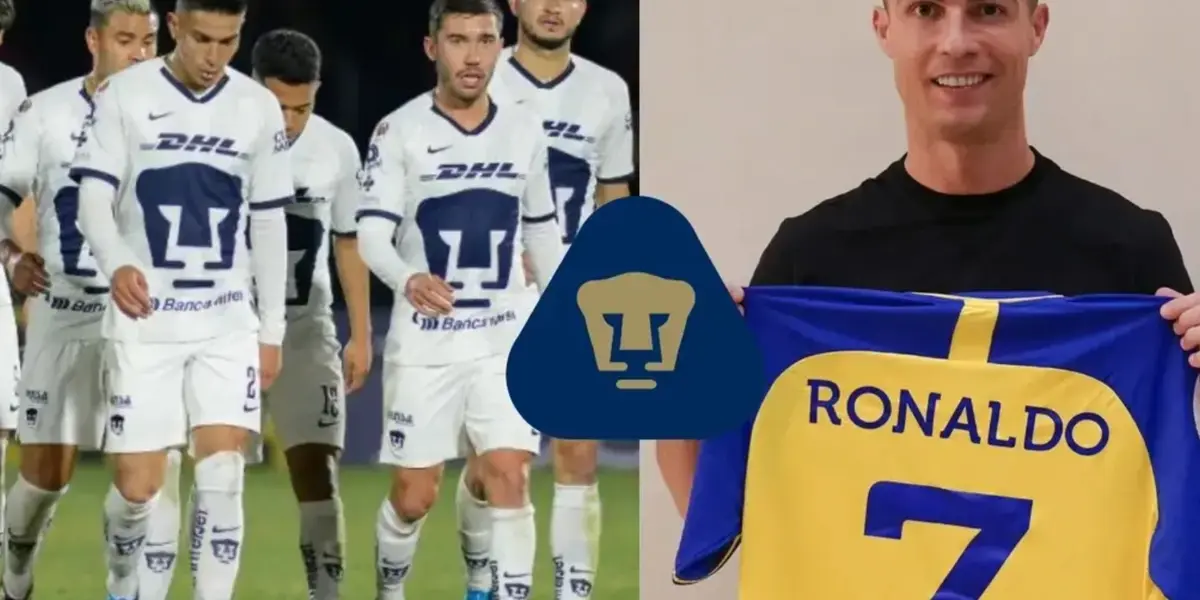 Jugadores de Pumas salen del campo de juego, a la derecha, Ronaldo presentado con Al Nassr (Fuente: Mexsports y Al Nassr)