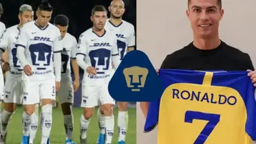 Jugadores de Pumas salen del campo de juego, a la derecha, Ronaldo presentado con Al Nassr (Fuente: Mexsports y Al Nassr)