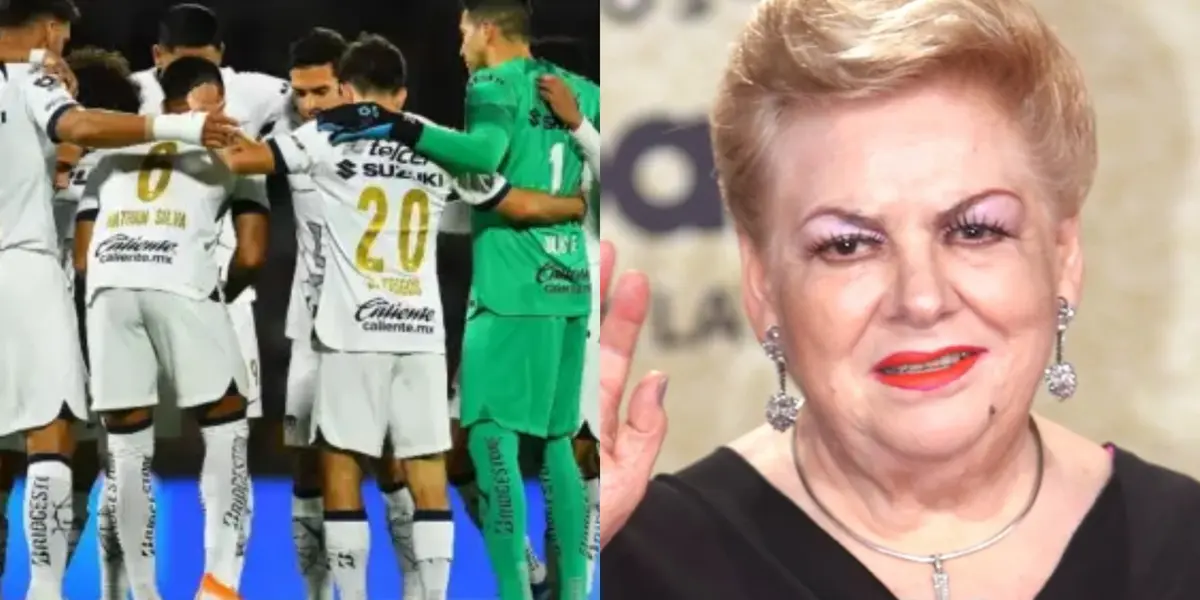 Jugadores de Pumas se reúnen en el campo, a la derecha, Paquita la del Barrio (Fuente: Mexsports y Bilboard)
