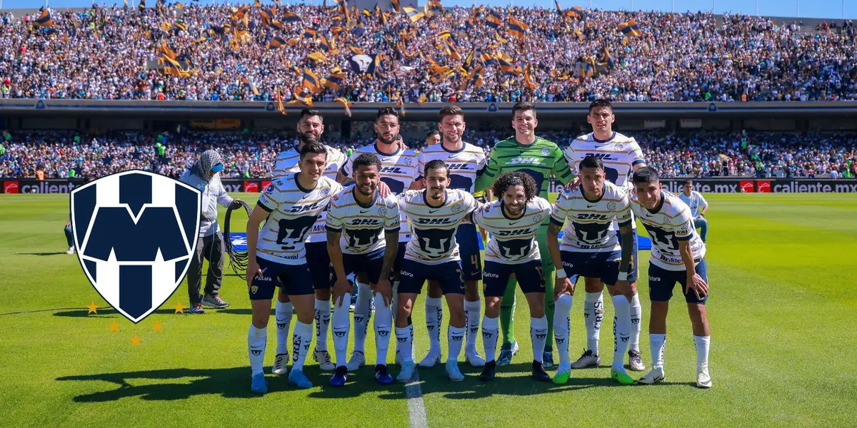Jugadores de Pumas y escudo de Monterrey/FOTO: x Pumas