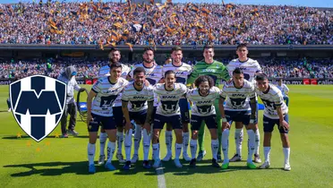 Jugadores de Pumas y escudo de Monterrey/FOTO: x Pumas