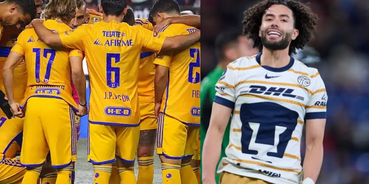 Jugadores de Tigres se reúnen en el centro del campo, a la derecha, juega César Huerta un balón (Fuente: Tigres y Mexsports)