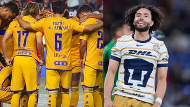 Jugadores de Tigres se reúnen en el centro del campo, a la derecha, juega César Huerta un balón (Fuente: Tigres y Mexsports)