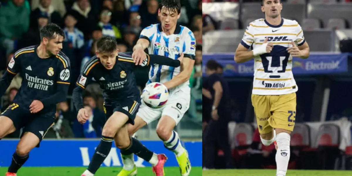 Jugadores del Madrid y de Real Sociedad disputan la pelota, a la derecha Pussetto entra al cambio (Fuente: AS y Pumas)