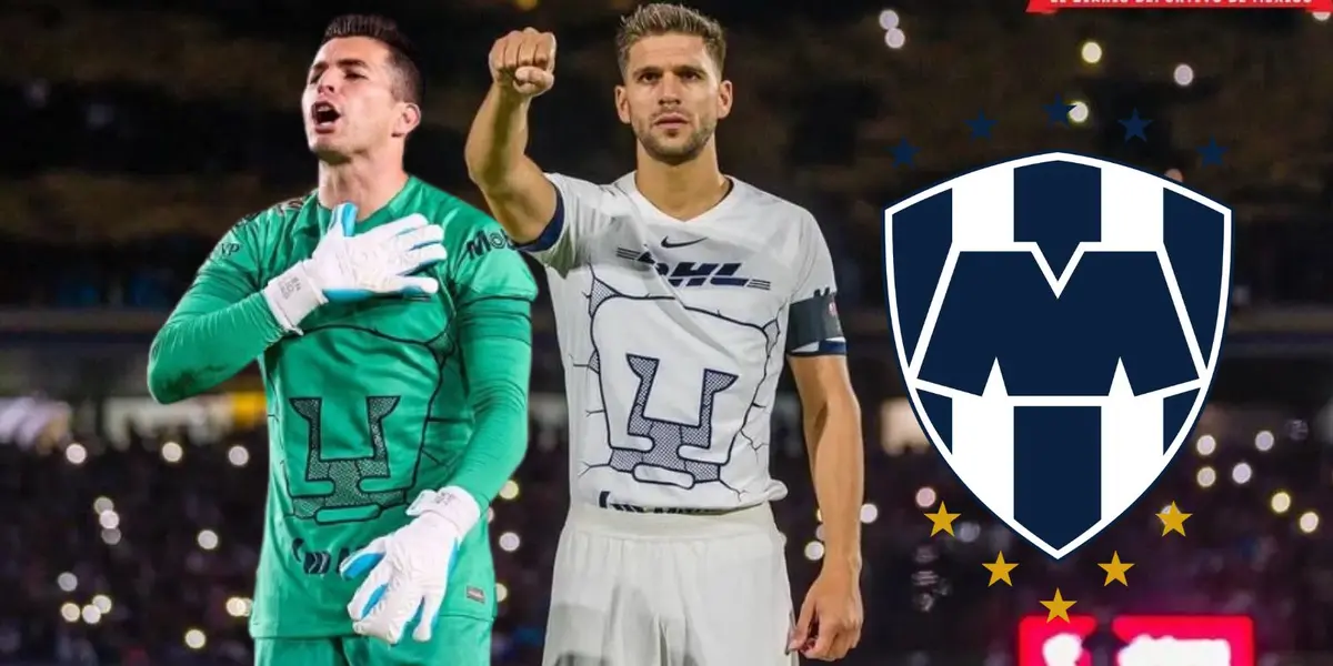 Julio y Licha con Pumas y escudo de Monterrey/FOTO: Estadio